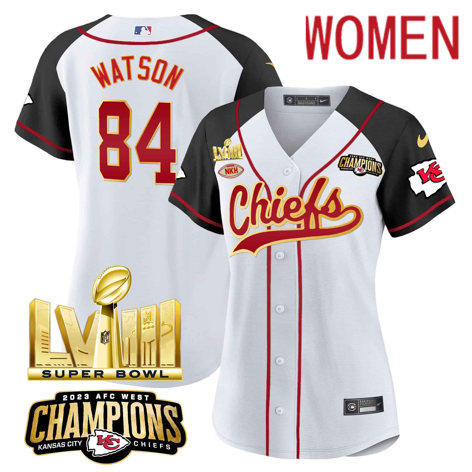 Women Kansas City Chiefs #84 Watson White 2024 Nike Super Bowl LVIII Back-2-Back Gold Patch Baseball NFL Jersey style 1